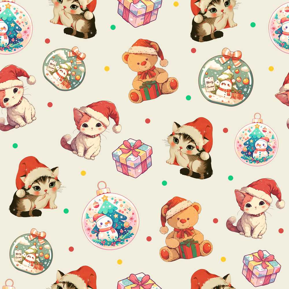 Cute Christmas Cats Teddy Cream Background Festive Holiday
