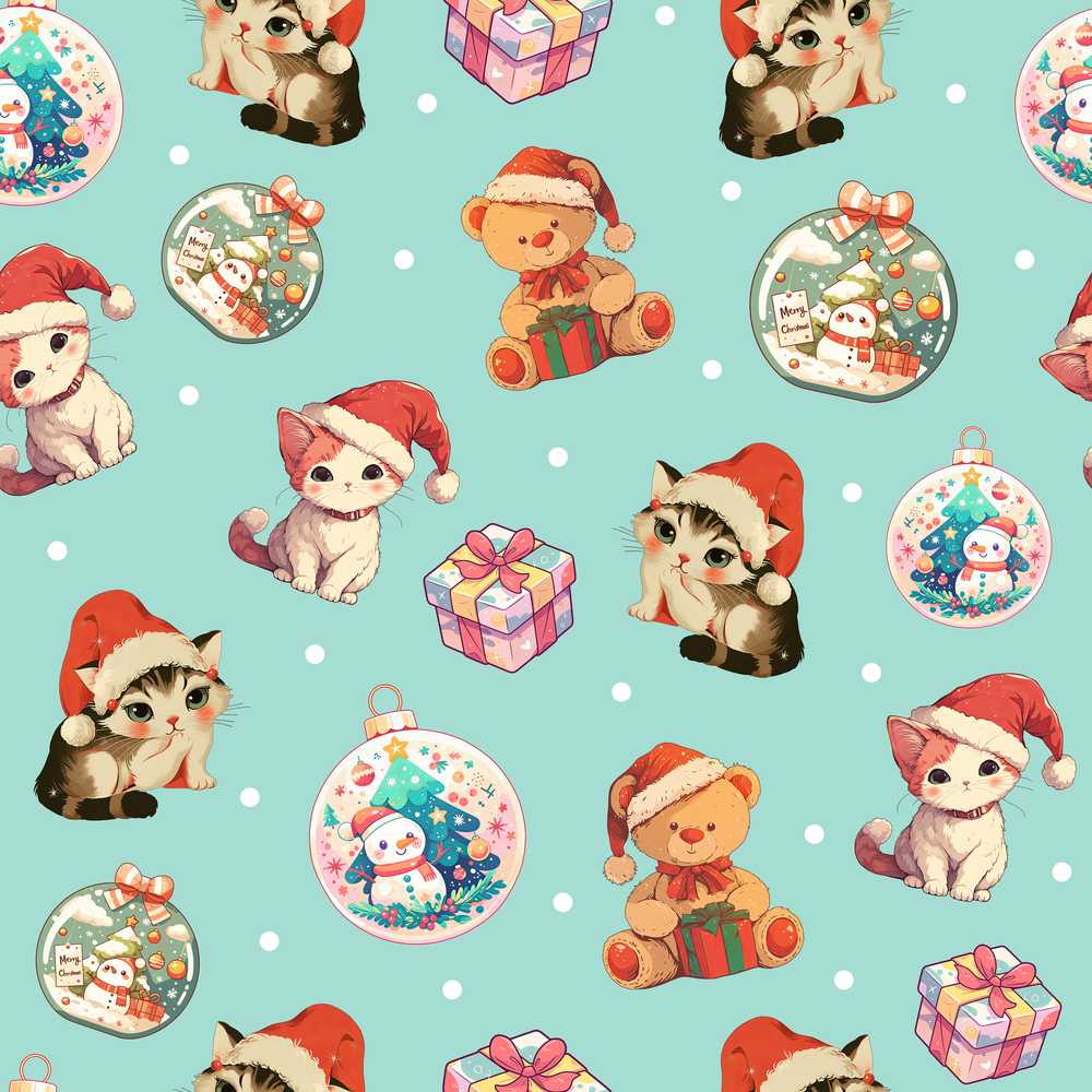Cute Christmas Cats Teddy Gift Baubles Festive Holiday