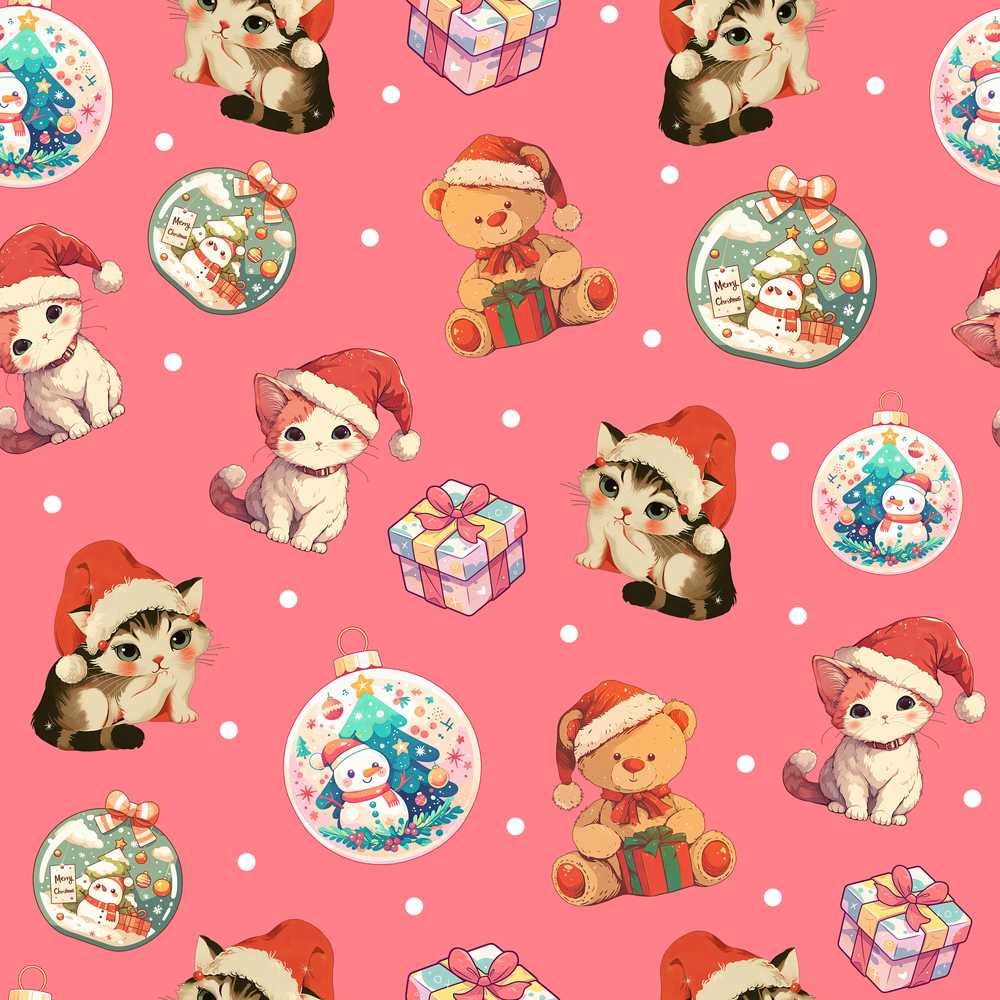 Cute Christmas Cats Teddy Red Background Festive Holiday