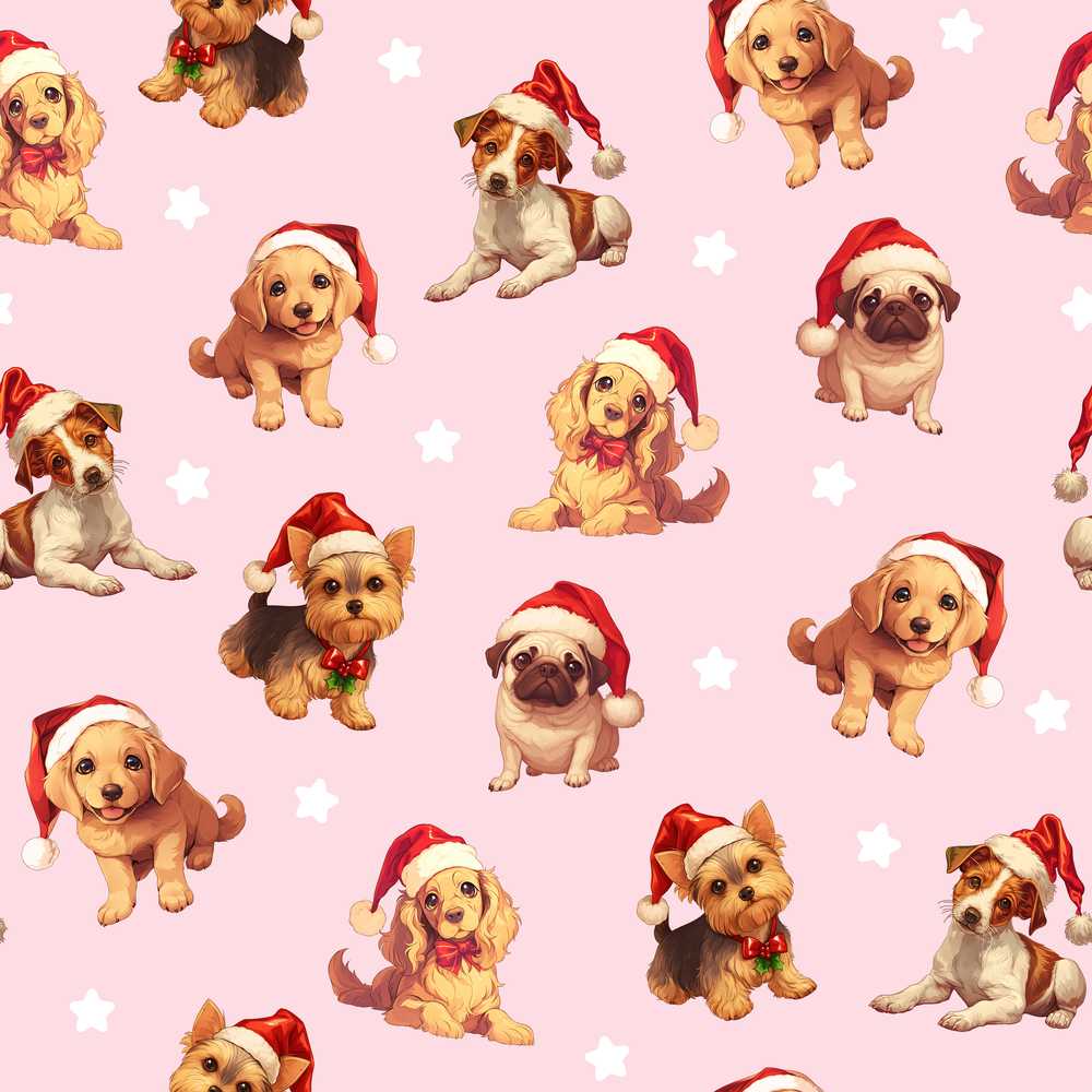 Cute Christmas Dogs Santa Hat Pink Background Festive
