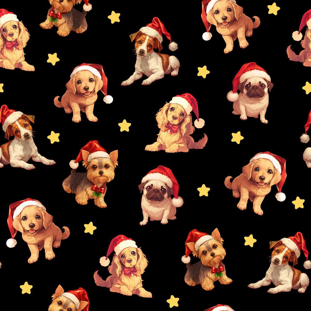 Cute Christmas Dogs Santa Hat Black Background Festive