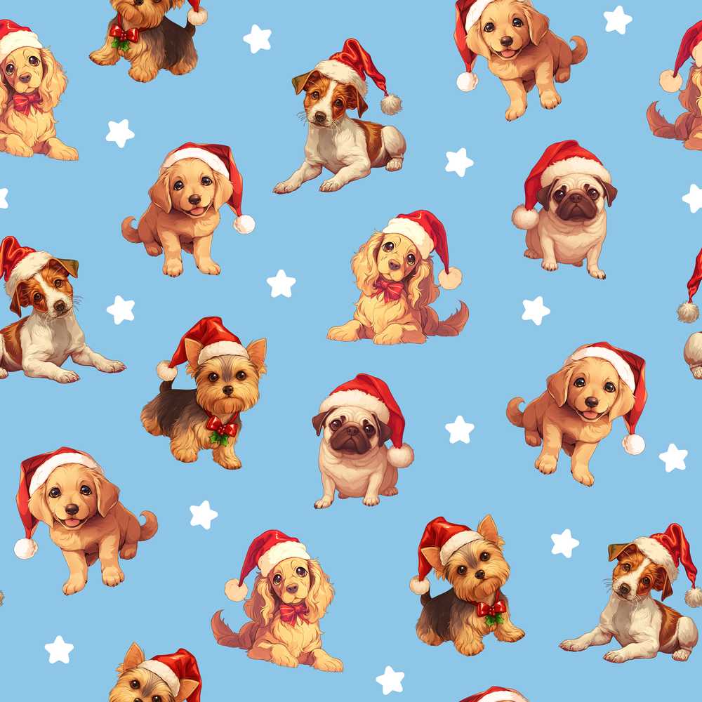 Cute Christmas Dogs Santa Hat Blue Background Festive