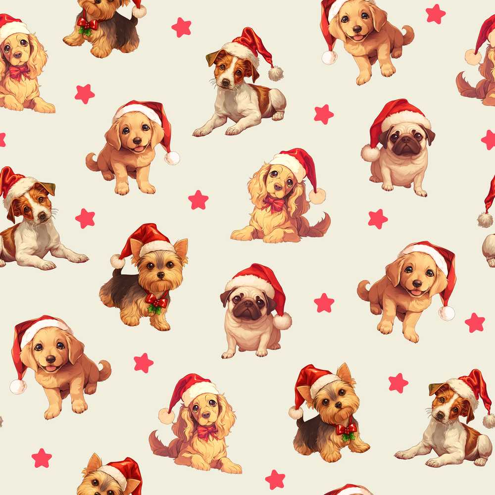 Cute Christmas Dogs Santa Hat Cream Star Background