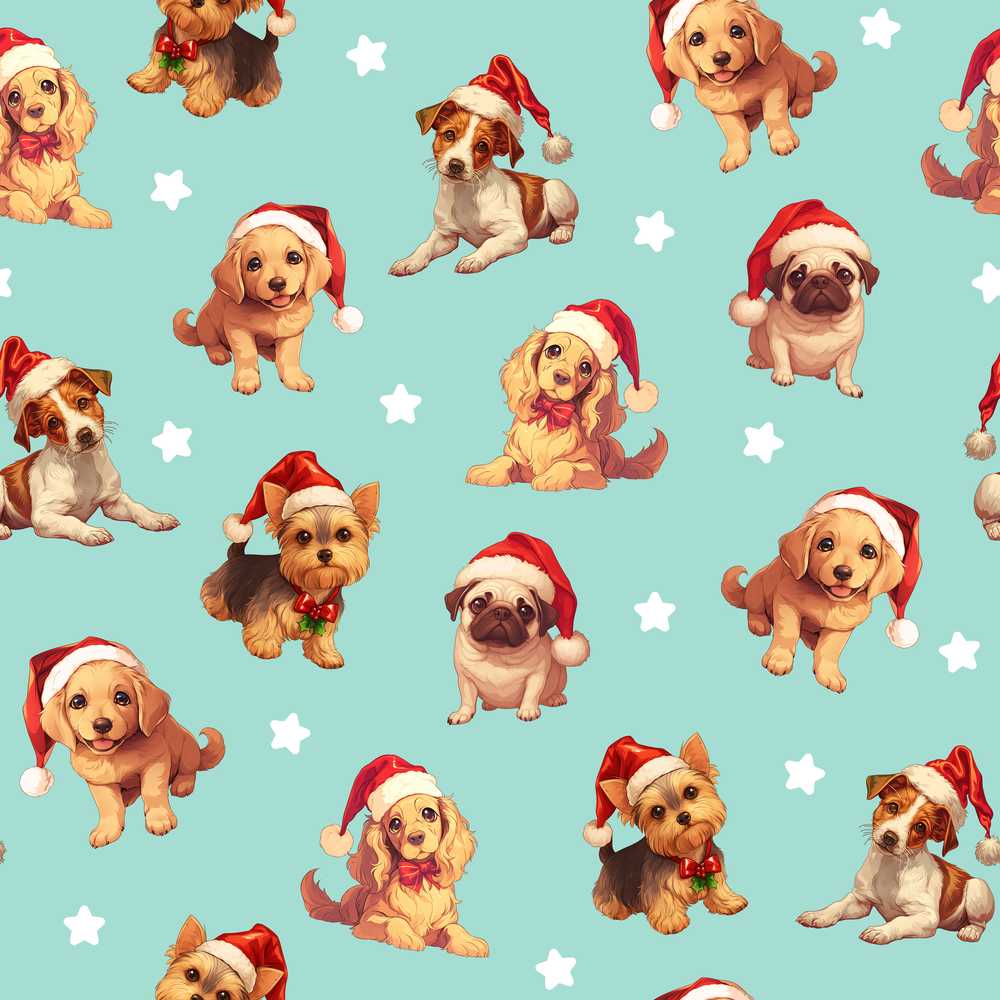 Cute Christmas Dogs Santa Hat Teal Star Background