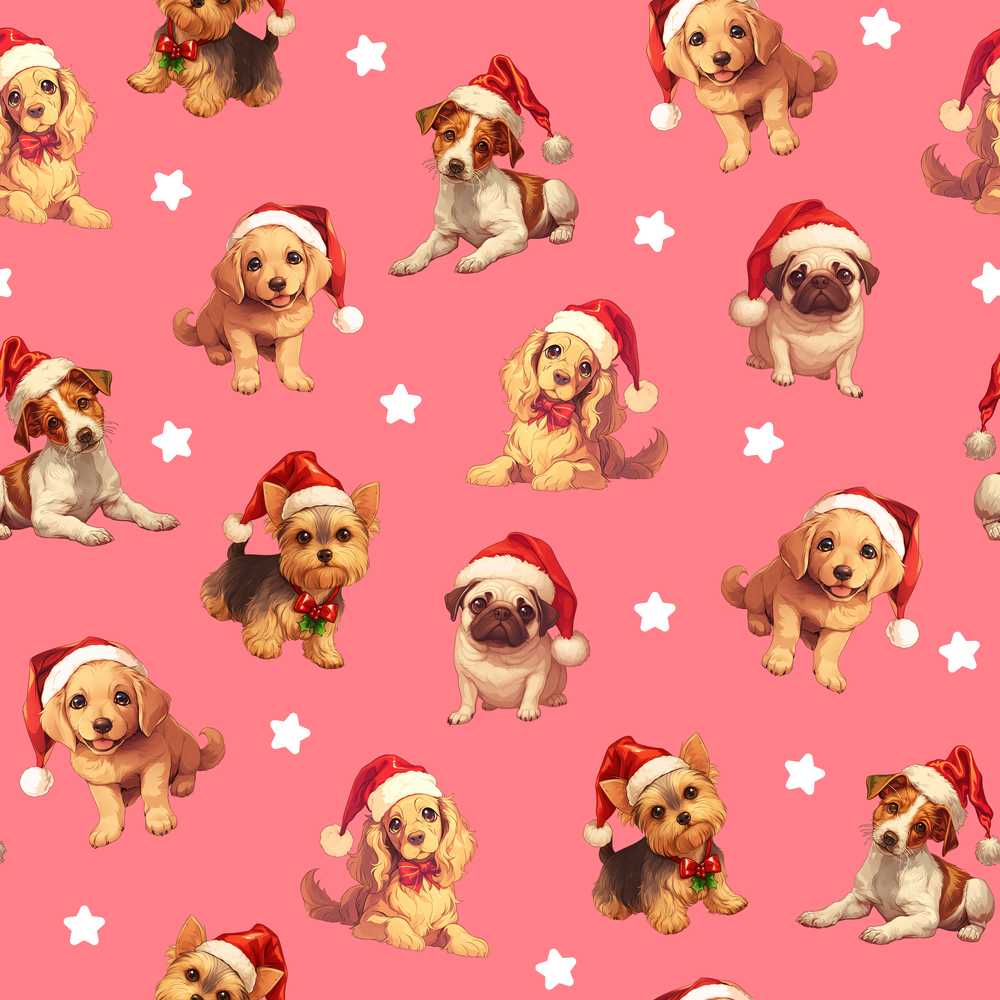 Cute Christmas Dogs Santa Hat Coral Pink Background