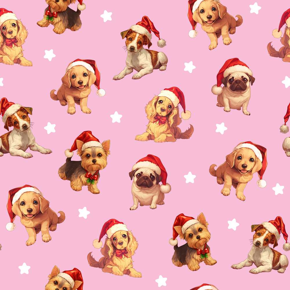 Cute Christmas Dogs Santa Hat Soft Pink Star Background