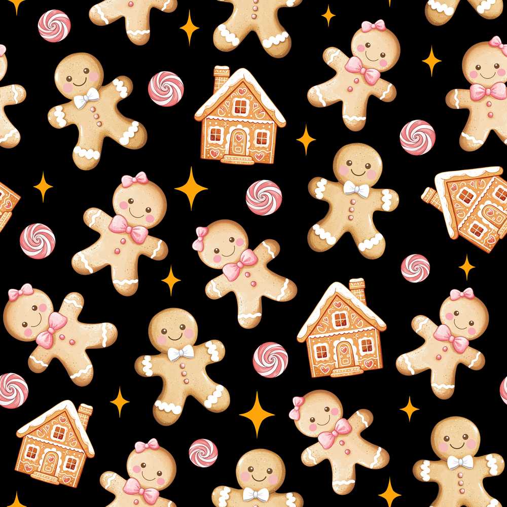 Cute Gingerbread Cookies Candy House Black Illustration Repeat
