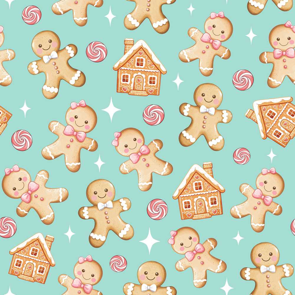 Cute Gingerbread Cookies Candy House Teal Background Illustration