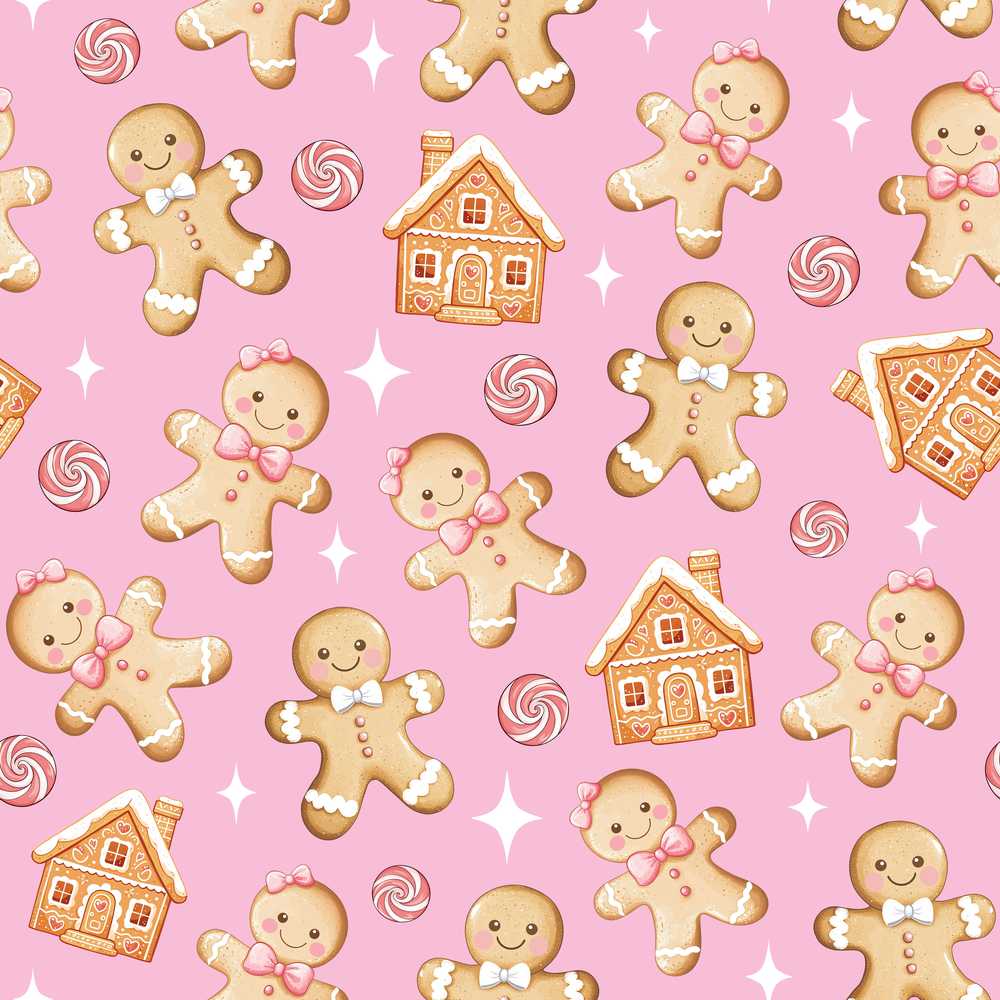 Cute Gingerbread Cookies Candy House Pastel Pink Background