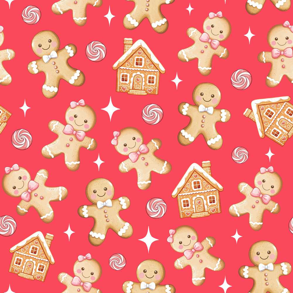 Cute Gingerbread Cookies Candy House Red Background Illustration