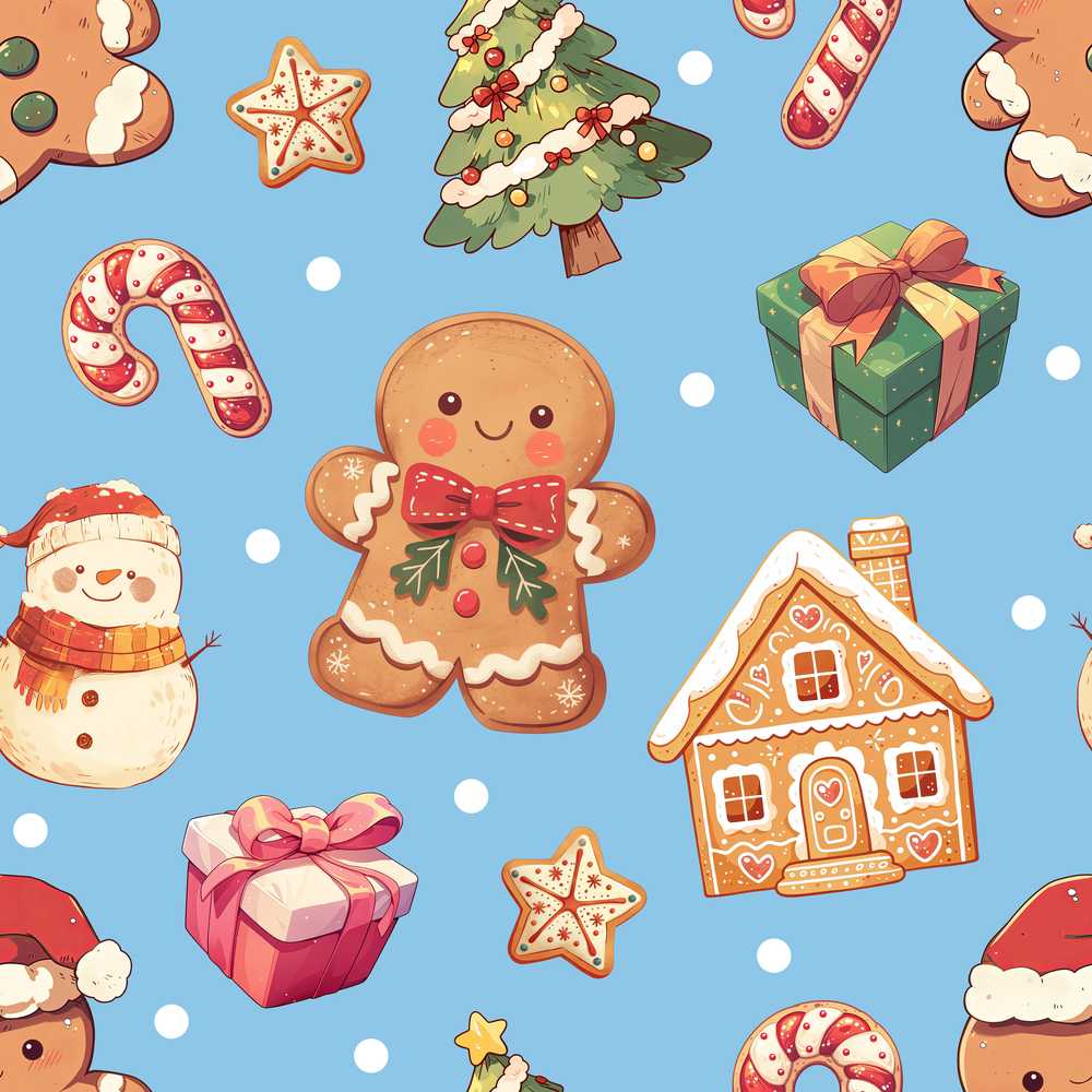 Cute Christmas Gingerbread Tree Candy Cane Blue Background