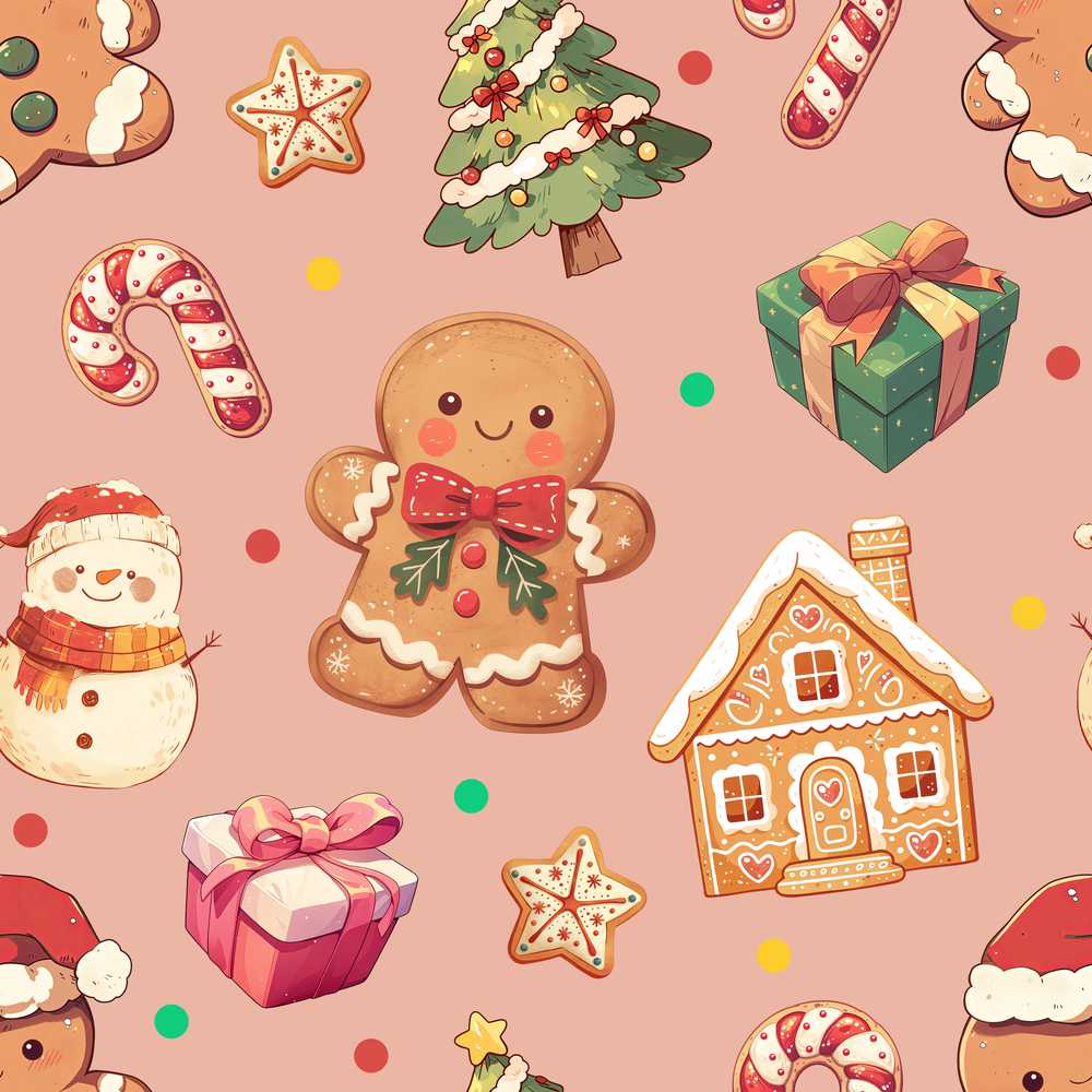 Cute Christmas Gingerbread Tree Candy Cane Peach Background