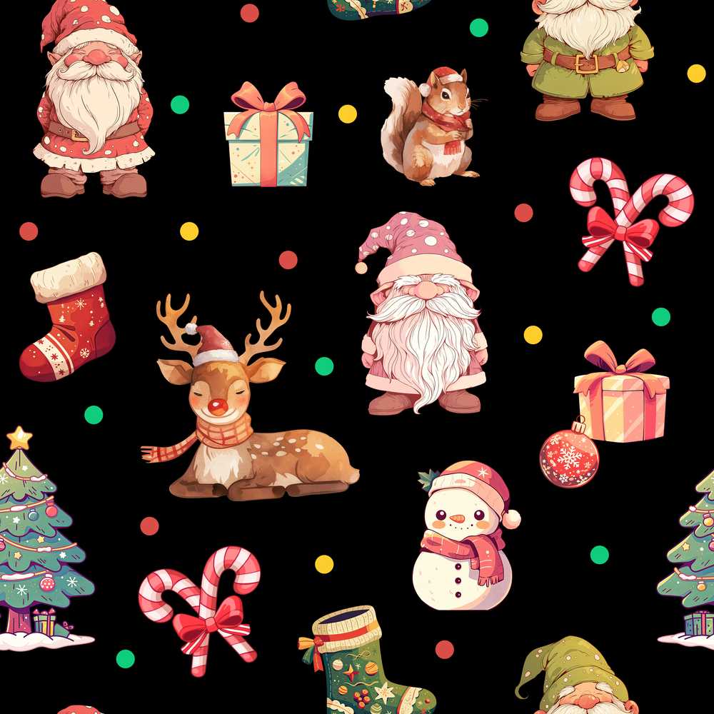 Cute Christmas Gnome Reindeer Snowman Gift Black Background