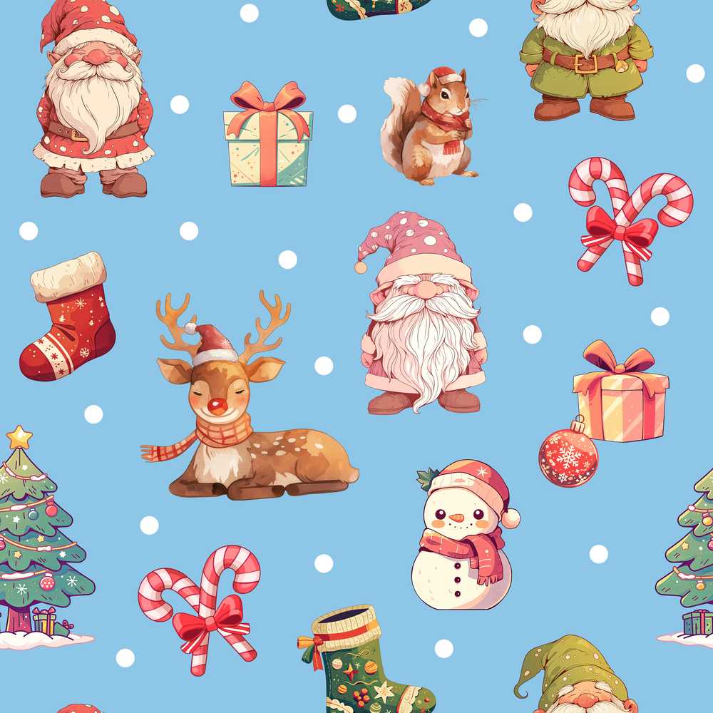 Cute Christmas Gnome Reindeer Snowman Gift Blue Background