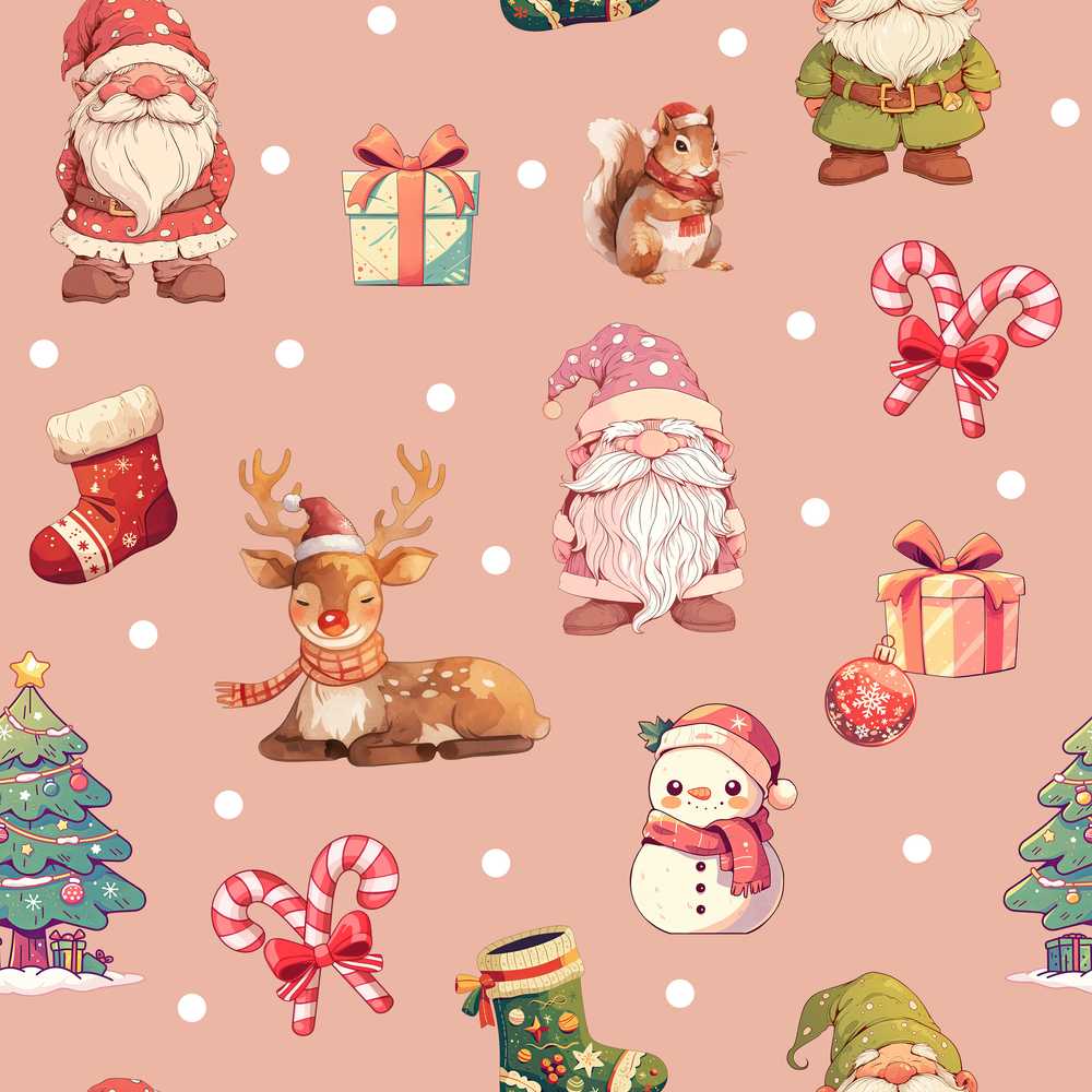 Cute Christmas Gnome Reindeer Snowman Gift Peach Background