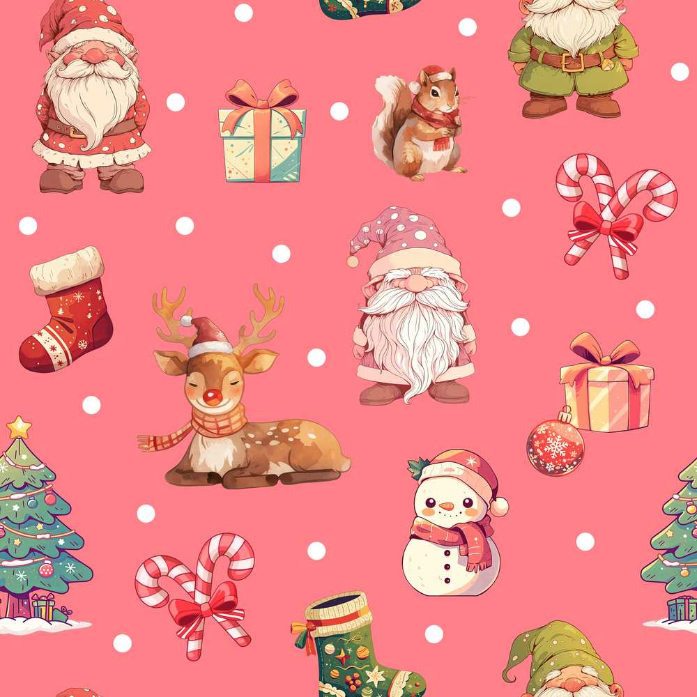 Cute Christmas Gnome Reindeer Snowman Gift Coral Background
