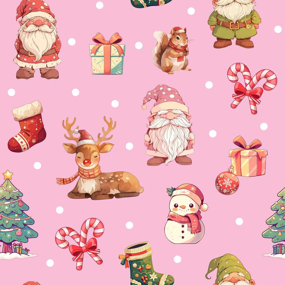 Cute Christmas Deer Squirrel Leaves Gift Pattern Pink Background