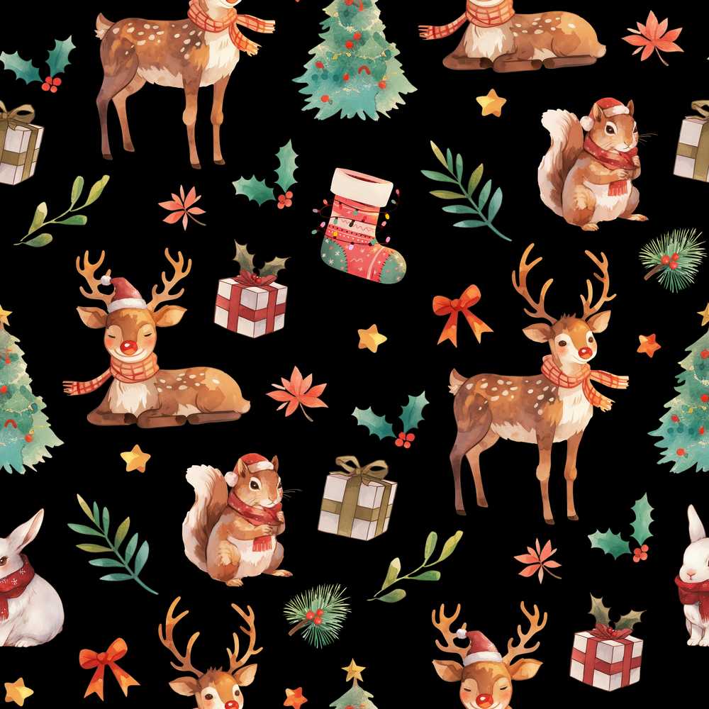 Cute Christmas Deer Squirrel Leaves Gift Pattern Black Background