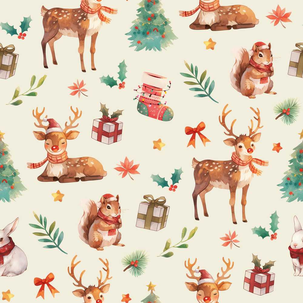 Cute Christmas Deer Squirrel Leaves Gift Pattern Cream Background