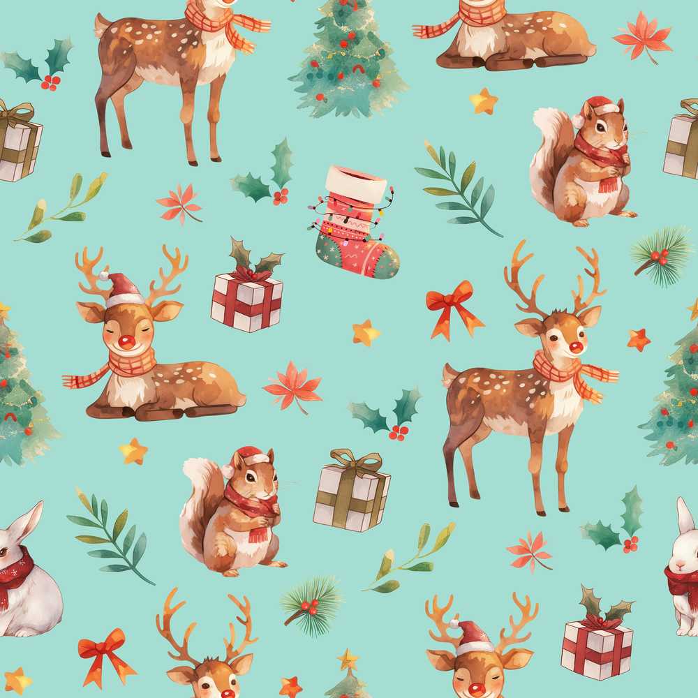 Cute Christmas Deer Squirrel Leaves Gift Pattern Teal Background
