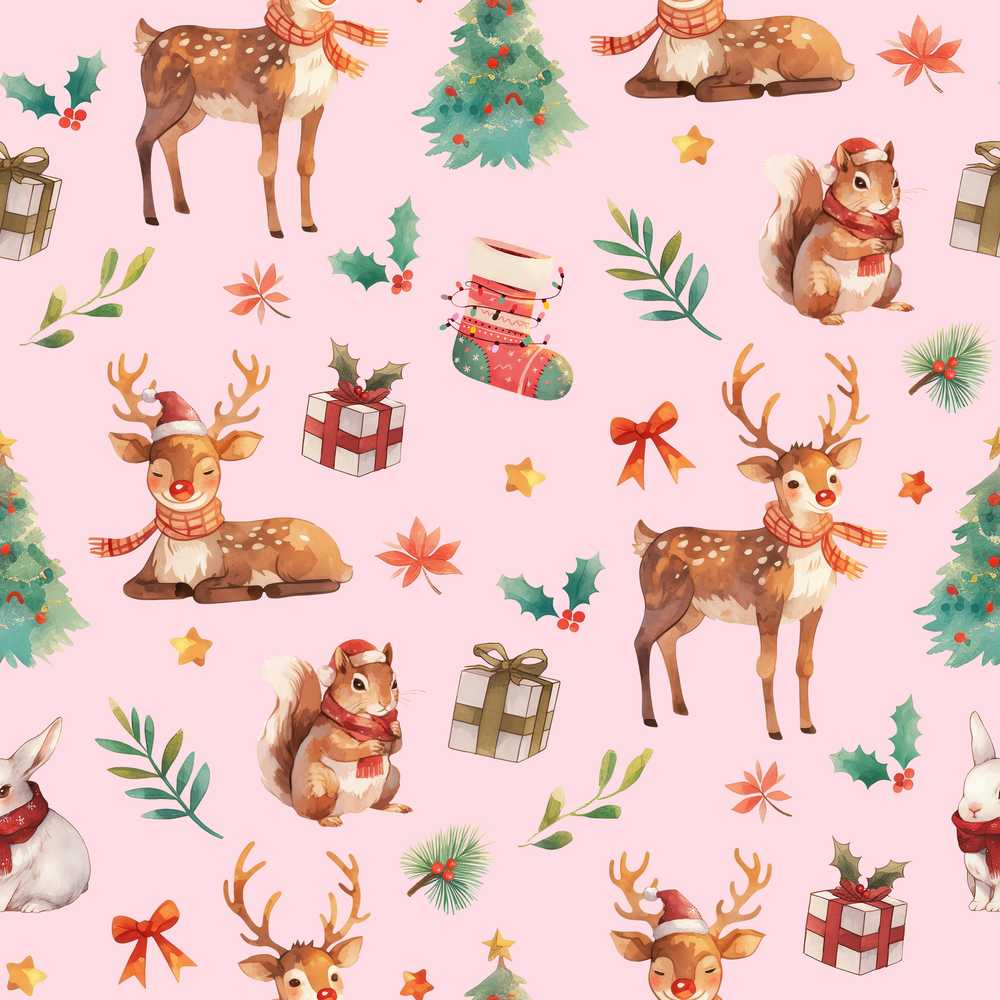 Cute Christmas Deer Squirrel Leaves Gift Pattern Pink Background