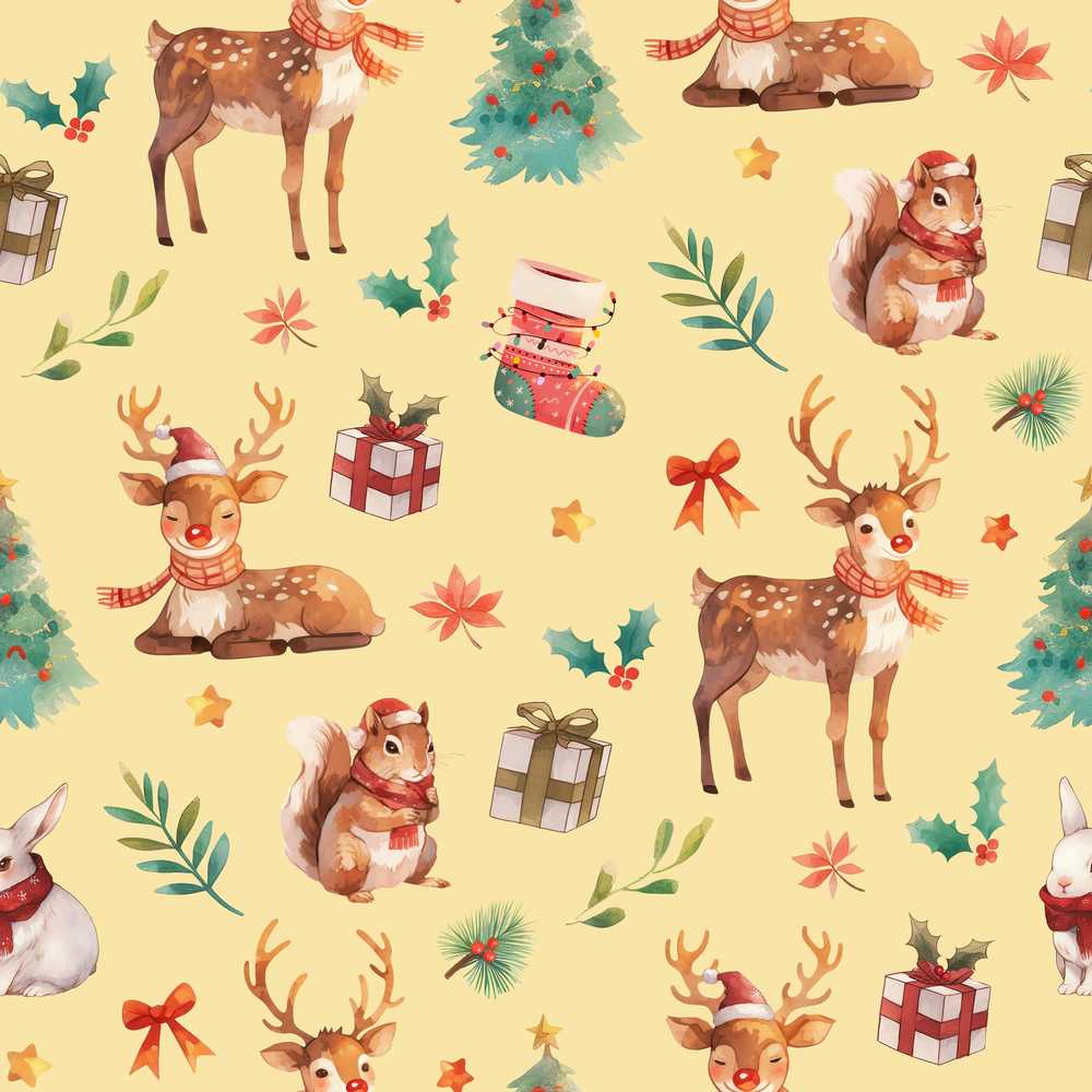 Cute Christmas Deer Squirrel Leaves Gift Pattern Yellow Background