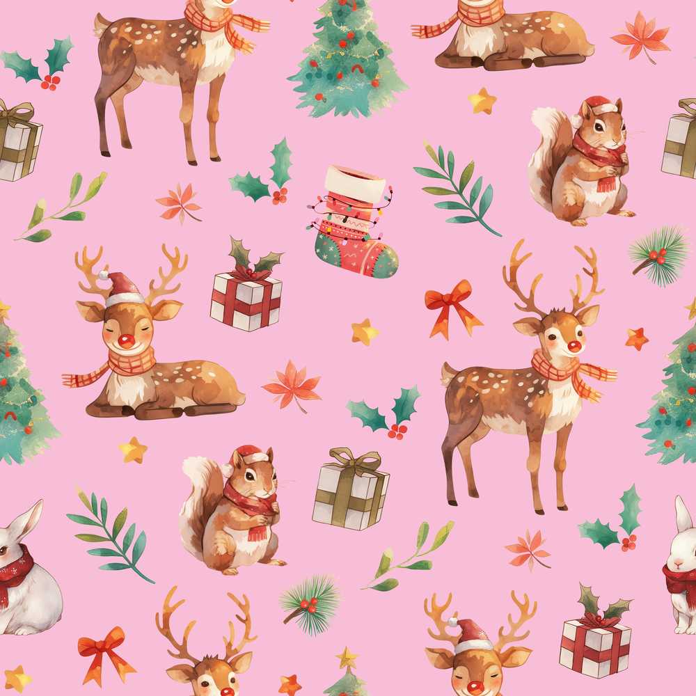 Cute Christmas Deer Squirrel Leaves Gift Pattern Light Pink Background