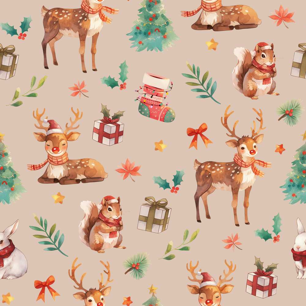 Christmas Deer Squirrel Holly Leaves Gift Beige Background Wildflower