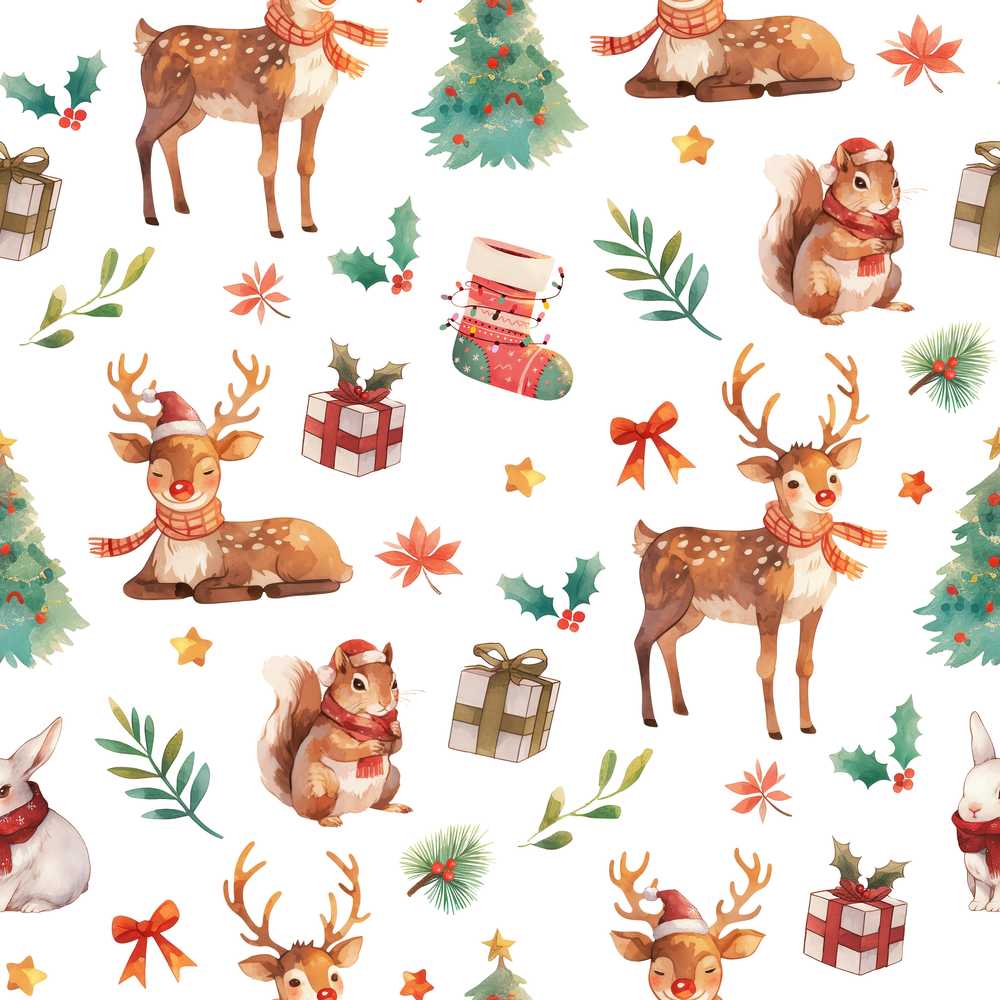 Cute Christmas Deer Squirrel Holly Leaves Gift Grey Background