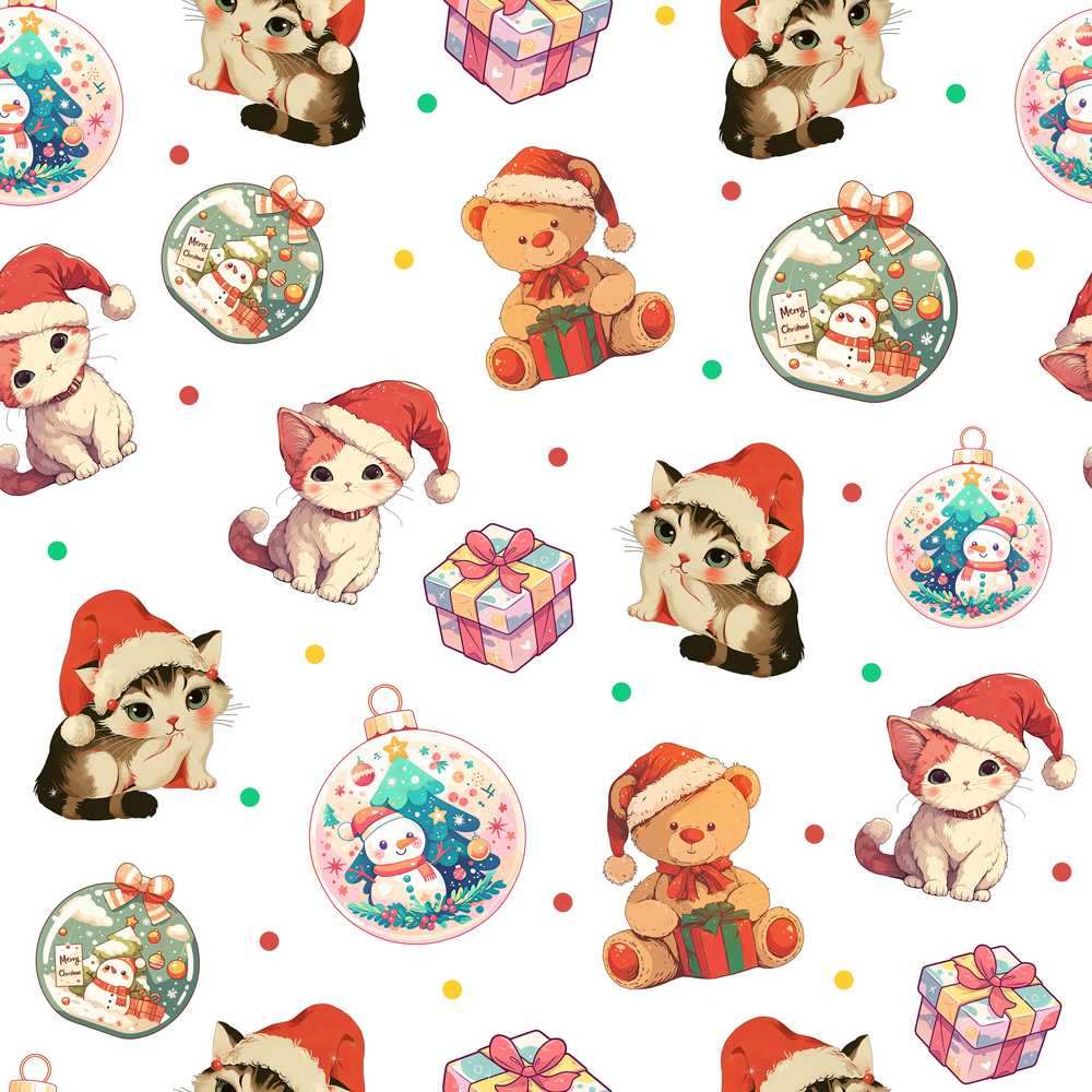 Cute Christmas Cat Teddy Bear Bauble Gift Dot Background