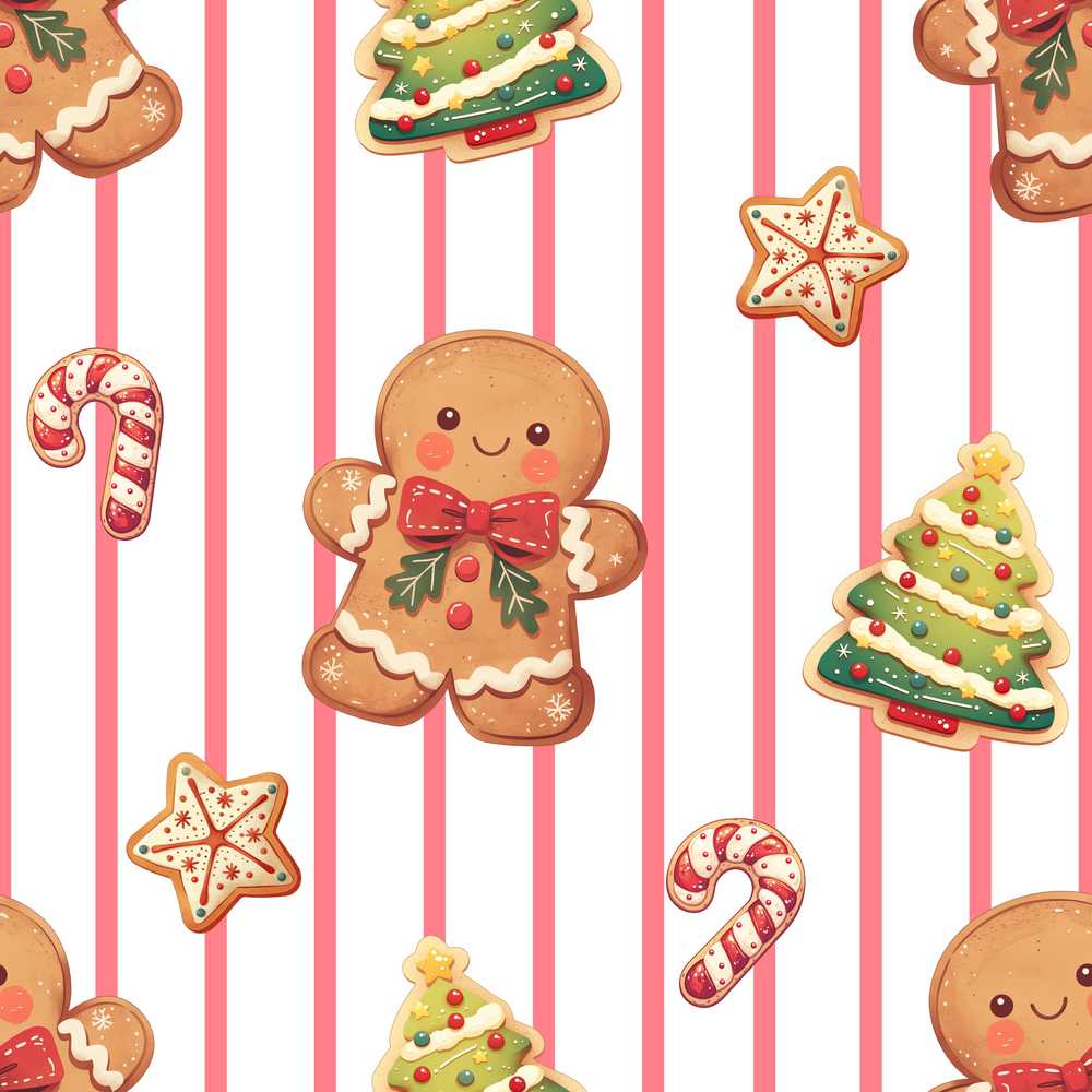 Cute Gingerbread Man Candy Cane Cookie Red Stripe Background