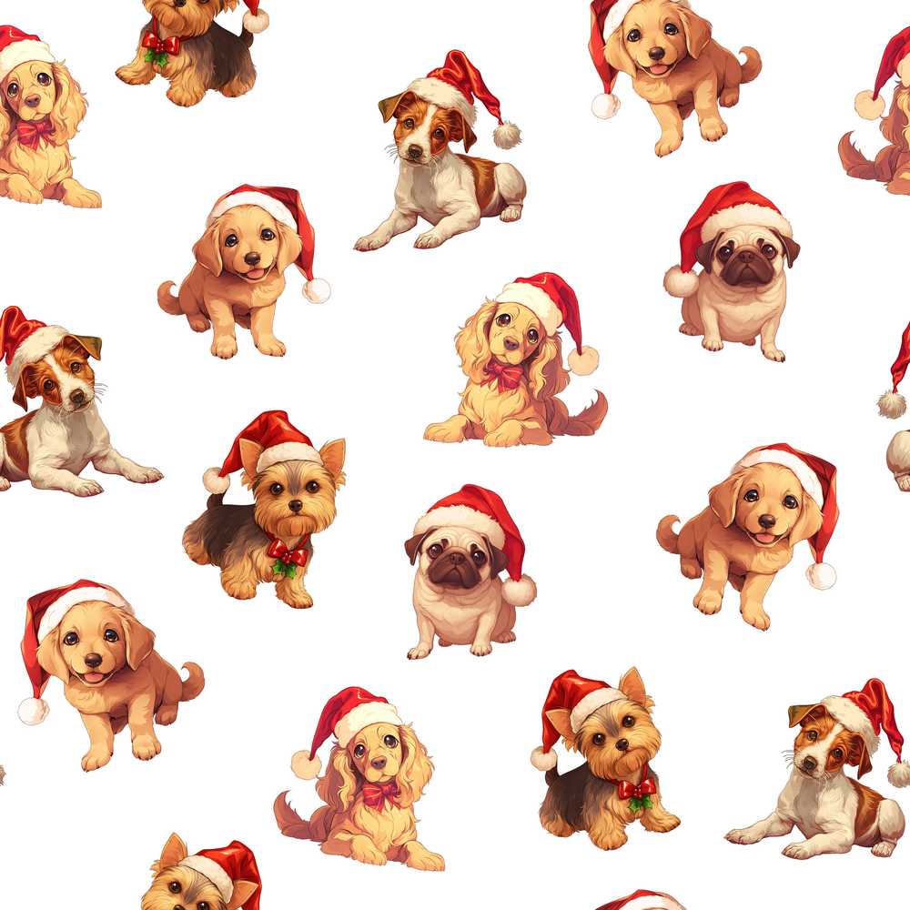 Cute Christmas Puppies in Santa Hats Soft Grey Background
