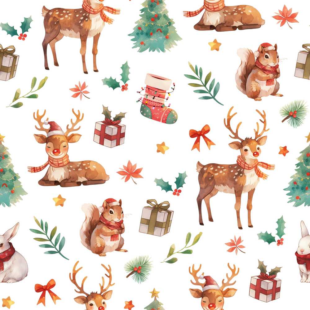 Cute Watercolor Reindeer Squirrel Holly Leaves Christmas Wildflower Pattern