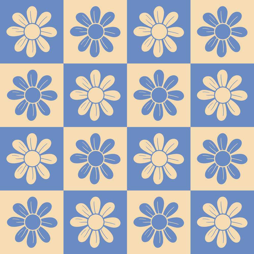 Cute Blue Beige Daisy Checkerboard Floral Wildflower Pattern Botanical