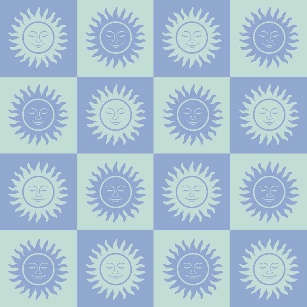 Cute Blue Pastel Sun Face Checkerboard Celestial Decorative