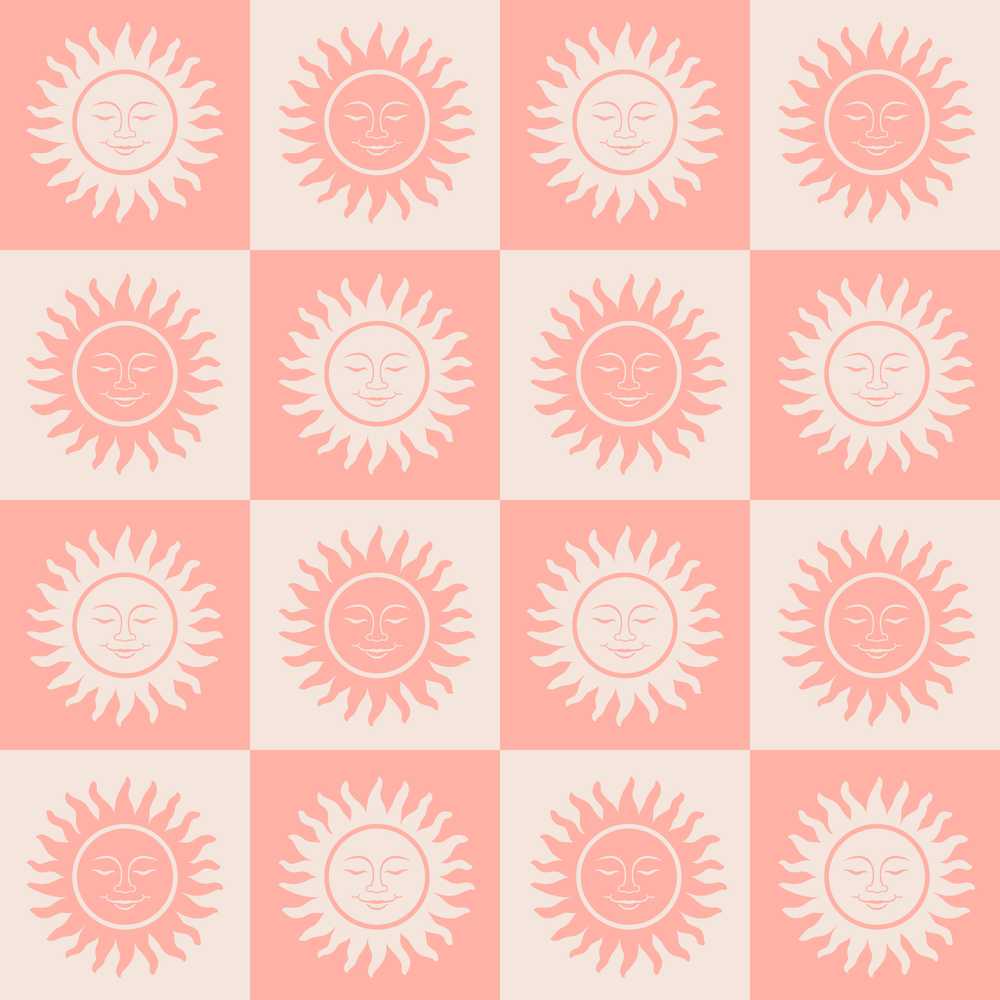Cute Soft Coral Sun Face Checkerboard Celestial Coastal