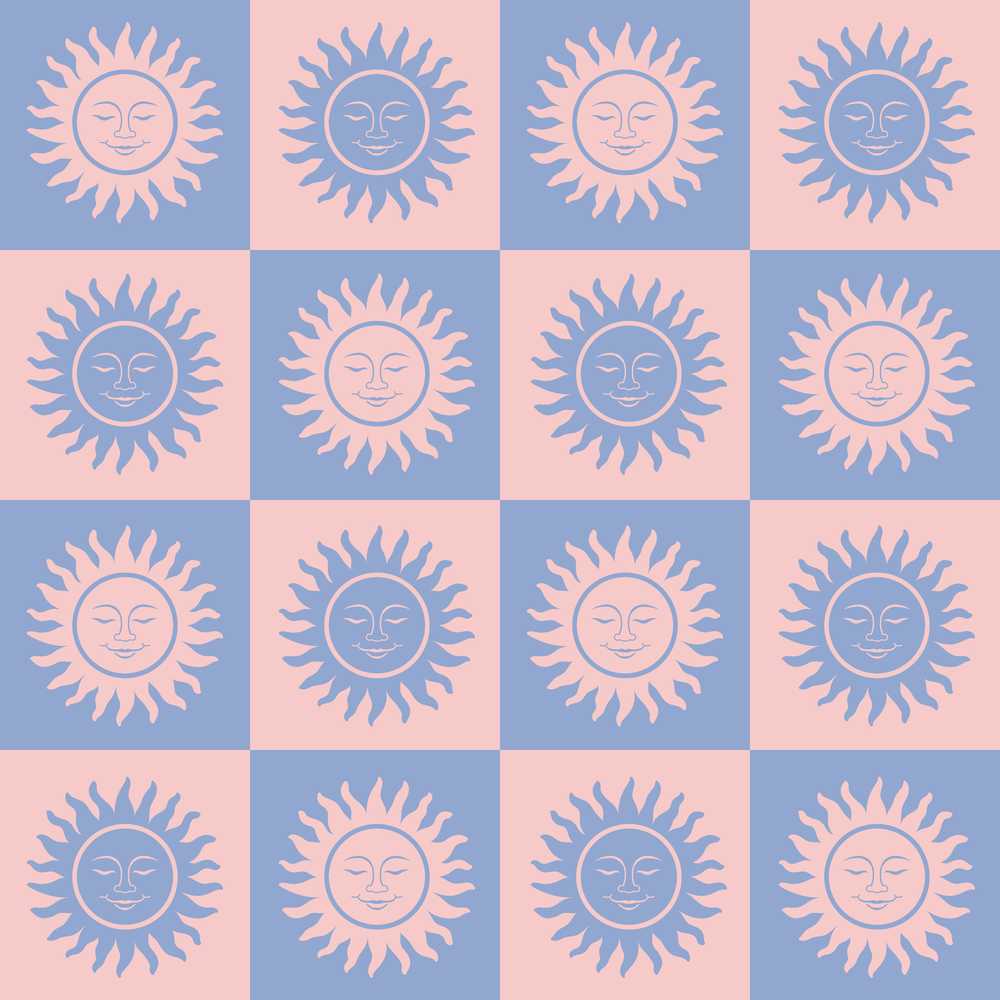 Cute Blue Pink Sun Face Checkerboard Celestial Decorative