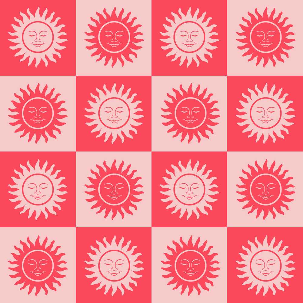 Cute Red Sun Face Checkerboard Celestial Decorative Repeat