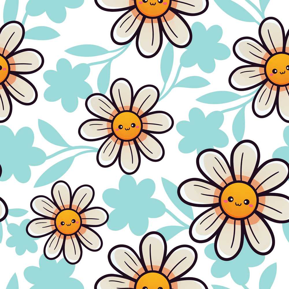 Cute Kawaii Daisy Flowers Soft Blue Leaves Wildflower Pattern