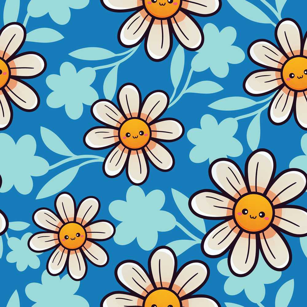 Cute Kawaii Daisy Flowers Blue Background Wildflower Pattern Botanical