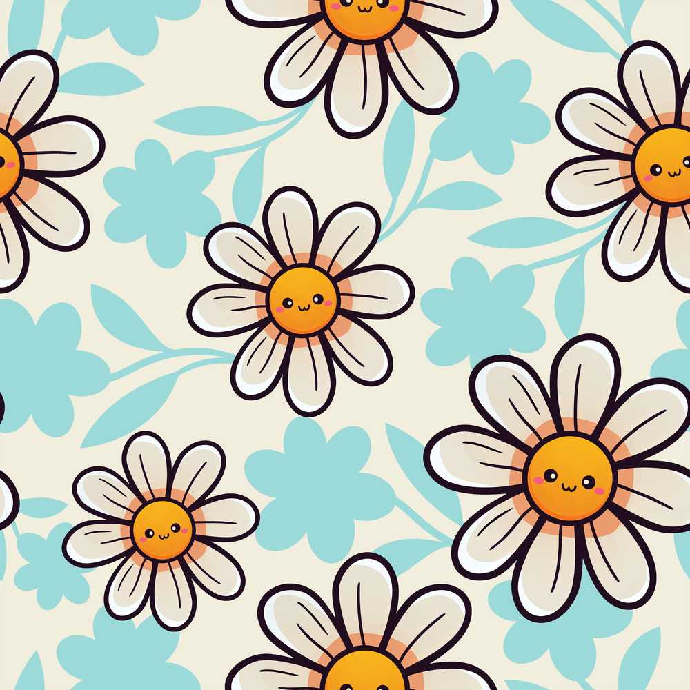 Cute Kawaii Daisy Flowers Neutral Beige Wildflower Pattern Botanical