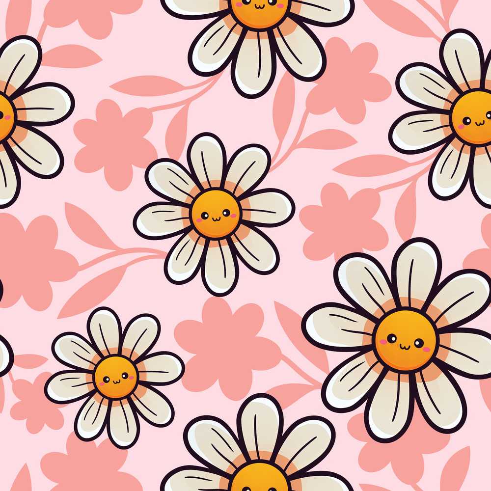 Cute Kawaii Daisy Flowers Soft Pink Wildflower Pattern Botanical