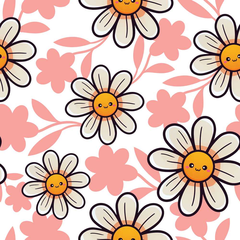 Cute Kawaii Daisy Flowers Soft Pink Leaves Wildflower Pattern