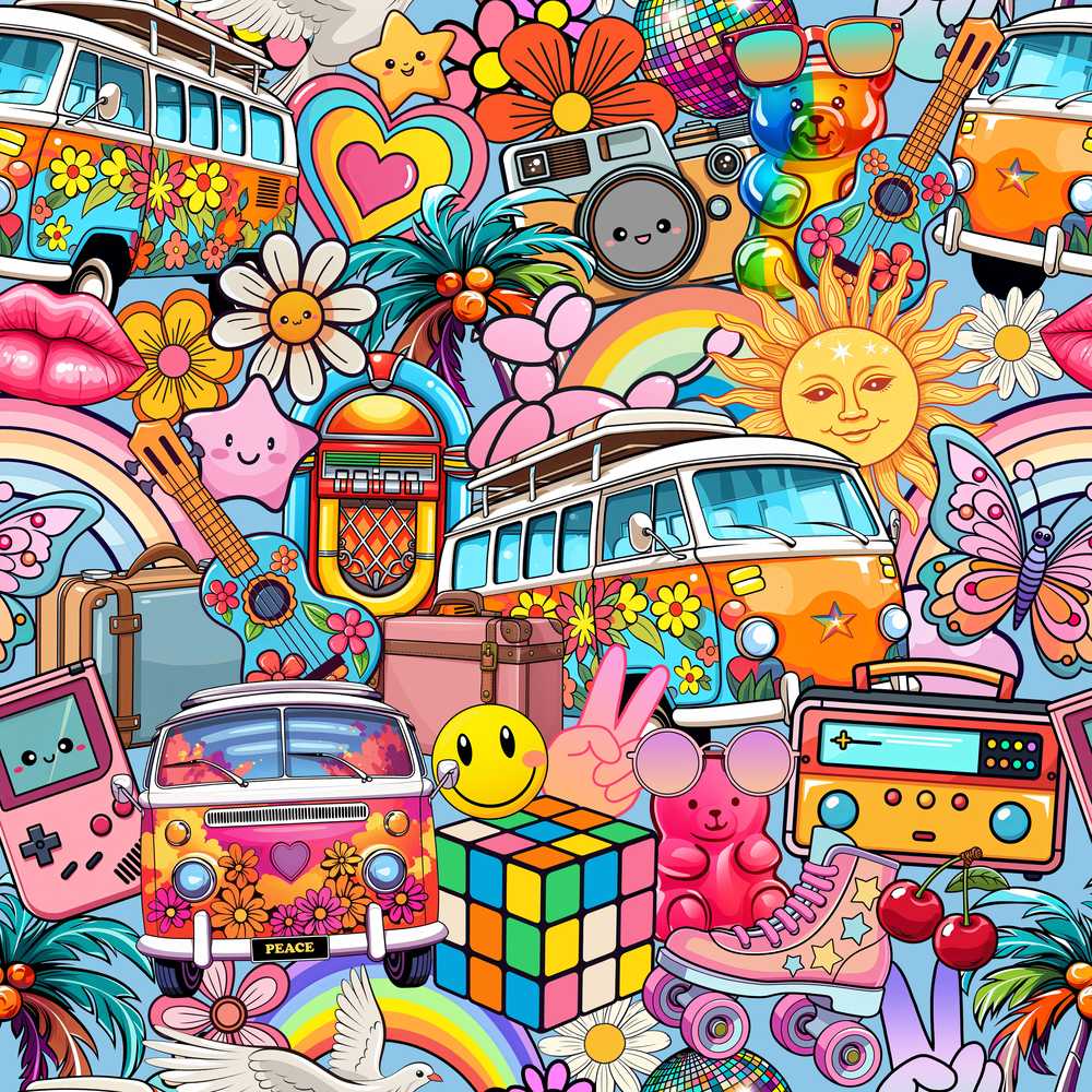 Hippie Van Rainbow Smiley Music Collage Blue Background