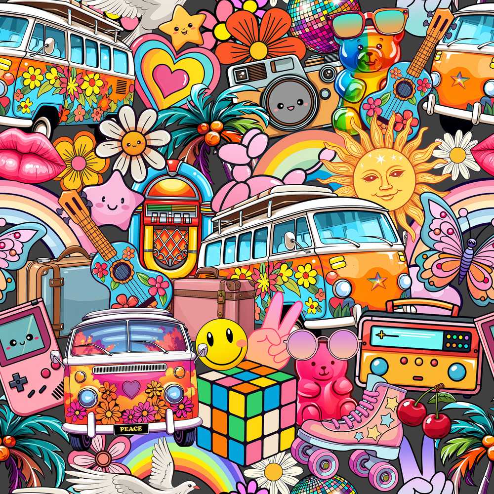 Hippie Rainbow Smileys Music Collage Black Background Decorative