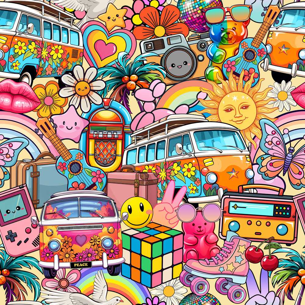 Hippie Rainbow Smileys Music Collage Cream Background Decorative