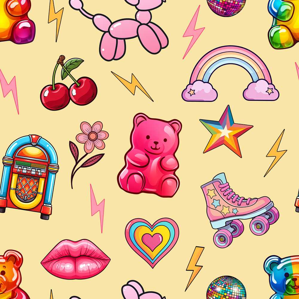 Gummy Bear Rainbow Roller Skate Yellow Background Illustration