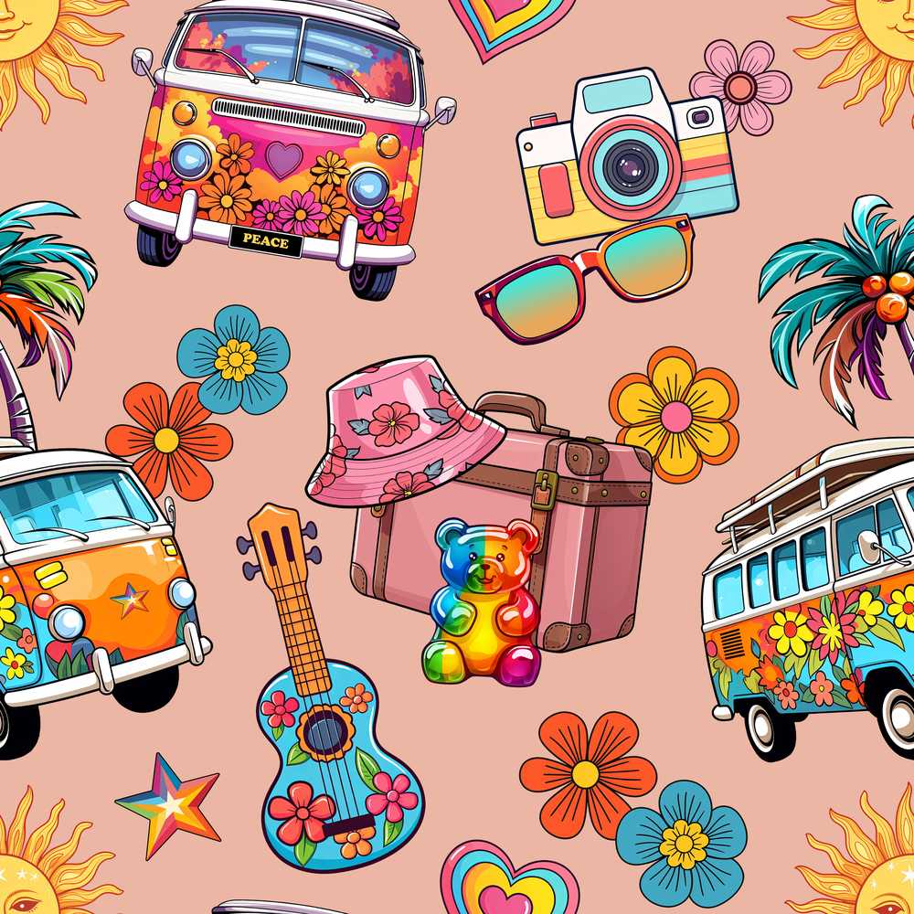 Hippie Van Camera Guitar Floral Travel Peach Background Wildflower