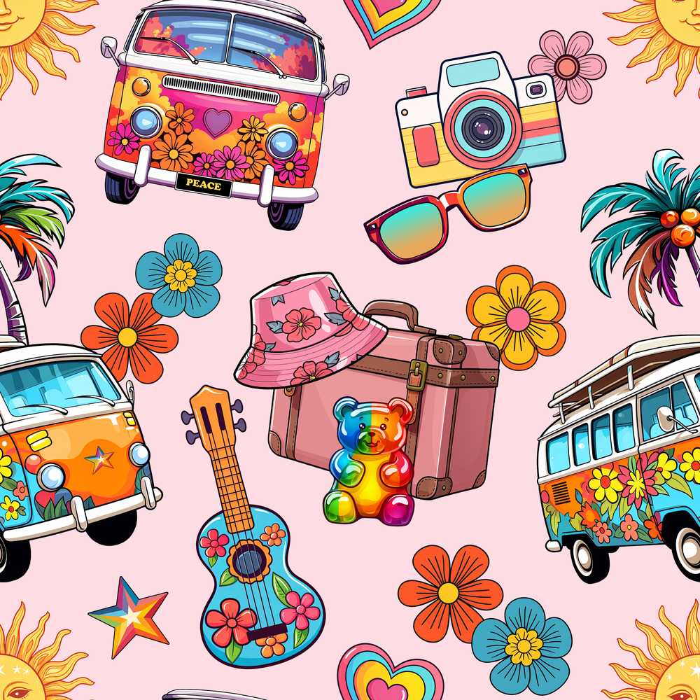 Hippie Van Guitar Floral Travel Light Pink Background Wildflower