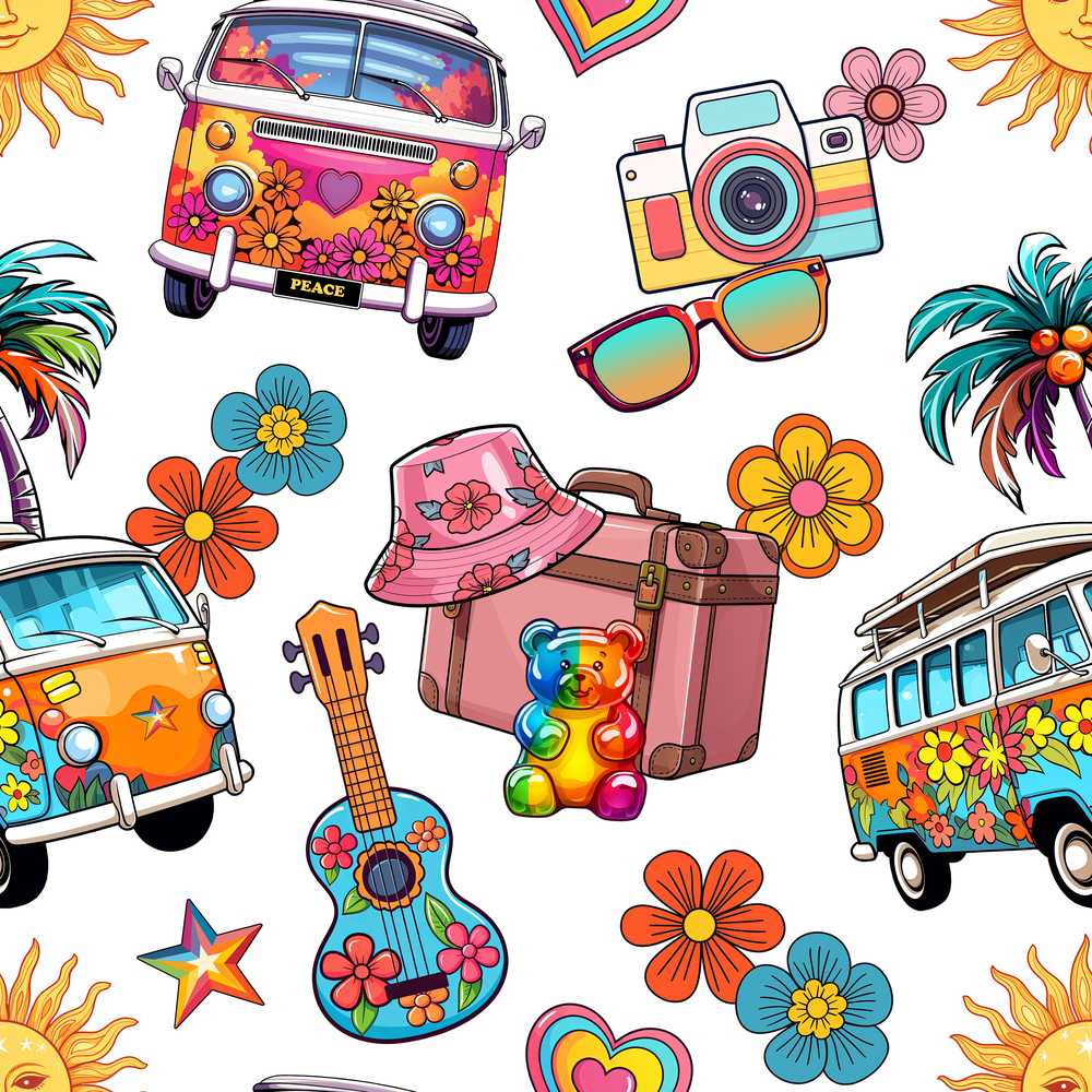 Hippie Van Camera Guitar Floral Travel Grey Background Wildflower